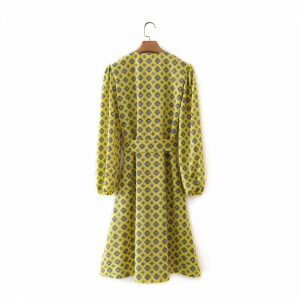 Hot Sale Women Ethnic Style Print V Neck Sashes Yellow Midi Dress Female Long Sleeve Clothes Casual Lady Loose Vestido D8271