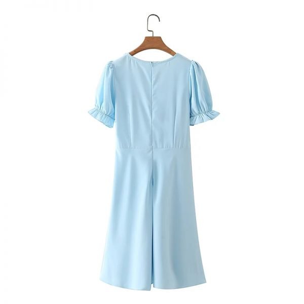 Summer Women Square Collar Pleating Blue A Line Dress Female Puff Sleeve Clothes Leisure Lady Loose Vestido D7929