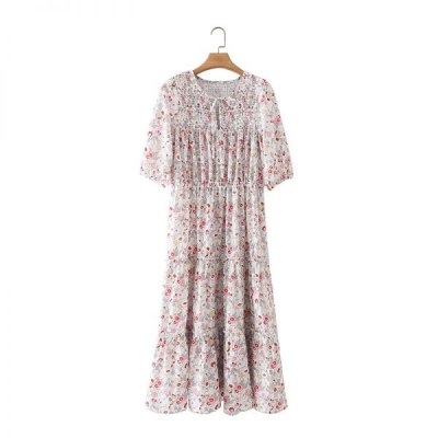 Summer Women O Neck Lace Up Tiered Ruffle Midi Dress Female Puff Sleeve Clothes Leisure Lady Loose Vestido D7937