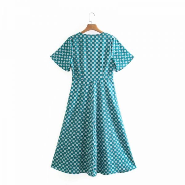 Summer Women Geometric Printing V Neck Pleating Midi Dress Female Short Sleeve Clothes Casual Lady Loose Vestido D7858