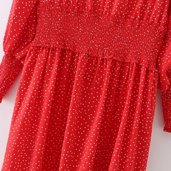 Summer Women Dot Printing V Neck Side Slit Red Midi Dress Female Nine Quarter Sleeve Clothes Leisure Lady Loose Vestido D7957