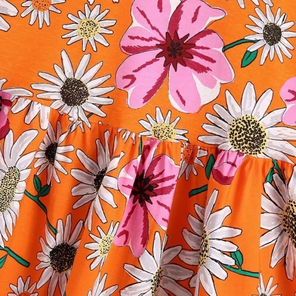 Hot Sale Women Flower Print Orange Mini Dress Female O Neck Short Sleeve Clothes Casual Lady Loose Vestido D8282