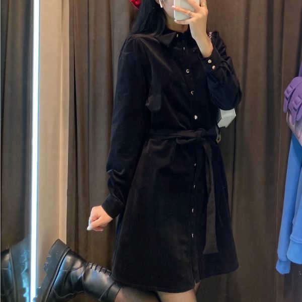 Women Turndown Collar Sashes Velvet Mini Shirt Dress Female Long Sleeve Clothes Vintage Loose Vestido D6895