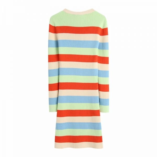 Hot Sale Women Colored Striped Knitted Midi Dress Female O Neck Long Sleeve Clothes Casual Lady Slim Vestido D8285