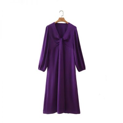 Hot Sale Women V Neck Bowknot Design Satin Midi Dress Female Lantern Sleeve Clothes Casual Lady Loose Vestido D8511