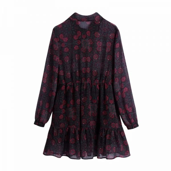 Hot Sale Women Flower Printing Chiffon V Neck Bow Tie Mini Dress Female Long Sleeve Clothes Casual Lady Loose Vestido D8378