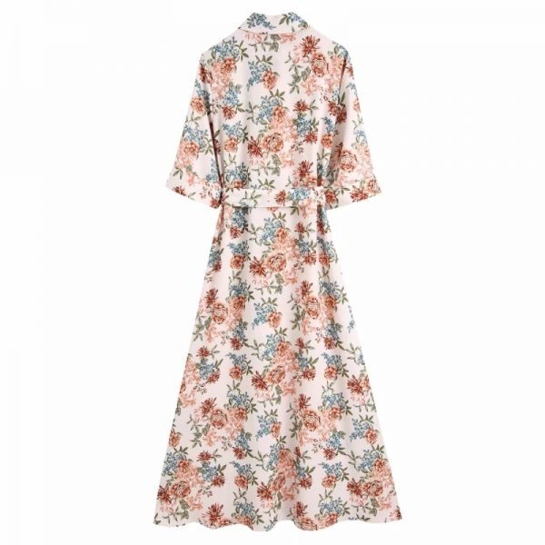 Hot Sale Women Flower Printing Turndown Collar Sashes Midi Dress Female Half Sleeve Clothes Casual Lady Loose Vestido D8303