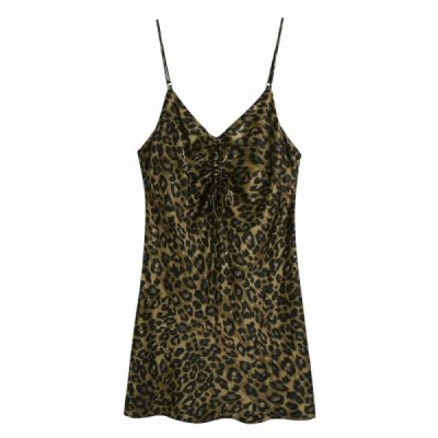 Hot Sale Women Leopard Print Drawstring Suspender Mini Dress Female Sleeveless Clothes Casual Lady Loose Vestido D8383