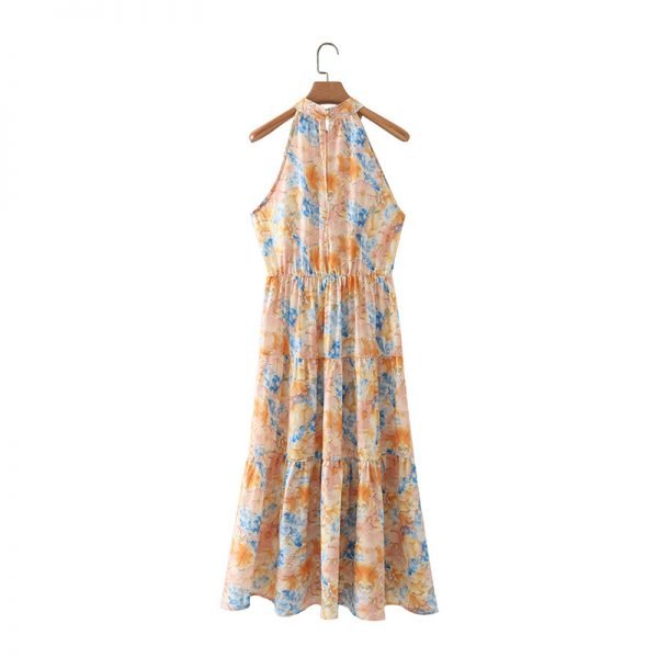 Summer Women Floral Printing Halter Midi Vest Dress Female Sleeveless Clothes Leisure Lady Loose Vestido D7950