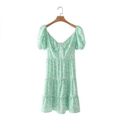 Summer Women Flower Printing Square Collar Mini Dress Female Puff Sleeve Clothes Casual Lady Loose Vestido D7786