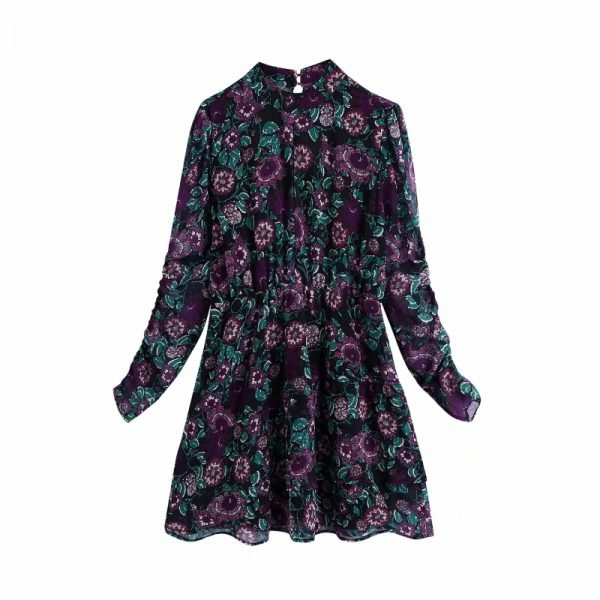 Women Floral Print Chiffon Cascading Ruffle Mini Dress Female Three Quarter Sleeve Clothes Casual Lady Loose Vestido D6869