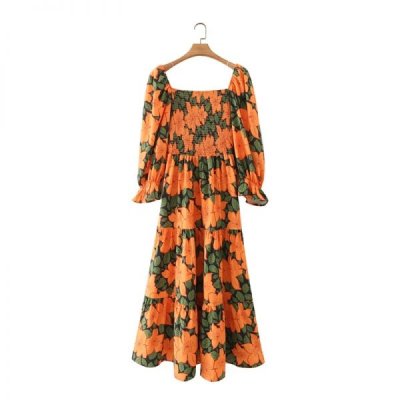 Hot Sale Women Flower Printing Square Collar Midi Dress Female Puff Sleeve Clothes Casual Lady Loose Vestido D8328