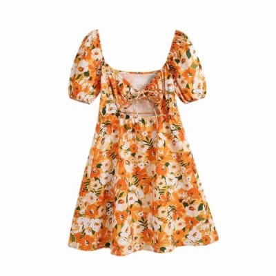 Summer Women Floral Printing Square Collar Lace Up Mini Dress Female Puff Sleeve Clothes Casual Lady Loose Vestido D7851