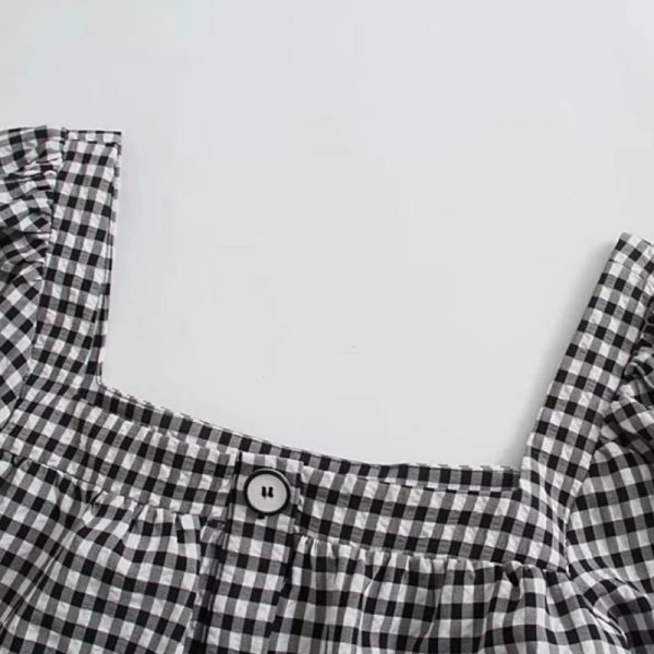 Summer Women Single Breasted Plaid Mini Dress Female Square Collar Puff Sleeve Clothes Casual Lady Loose Vestido D7651