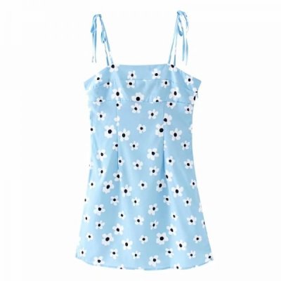 Flower printing Woman Knotted Sling Mini Dress Fashion Casual Ladies Sleeveless Slim Dresses D5389