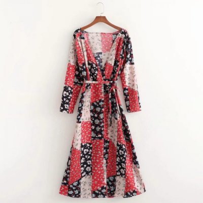 Summer Women Patchwork Print Cross V Neck Wrap Midi Dress Female Long Sleeve Clothes Casual Lady Loose Vestido D7739