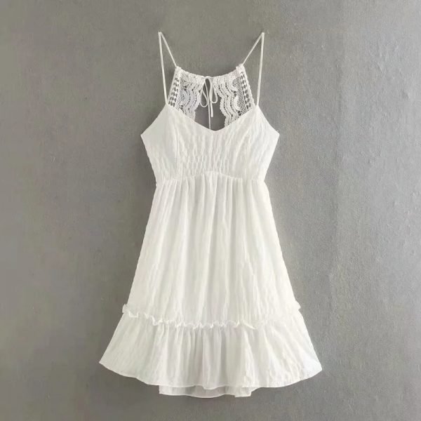 Summer Women Lace Splicing Backless Suspender Mini Dress Female Sleeveless Clothes Casual Lady Loose Vestido D7827