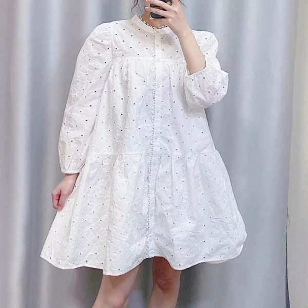 Women Hollow Embroidery White Mini Dress New Fashion Nine Quarter Sleeve Clothes Casual Lady Loose Vestido D5123