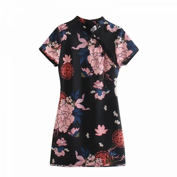 Hot Sale Women Chinese Style Flower Print Cheongsam Mini Dress Female Short Sleeve Clothes Casual Lady Slim Vestido D8365