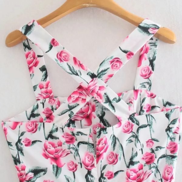 Summer Women Pink Floral Print Suspender Midi Dress Female Clothes Leisure Lady Loose Vestido D8061