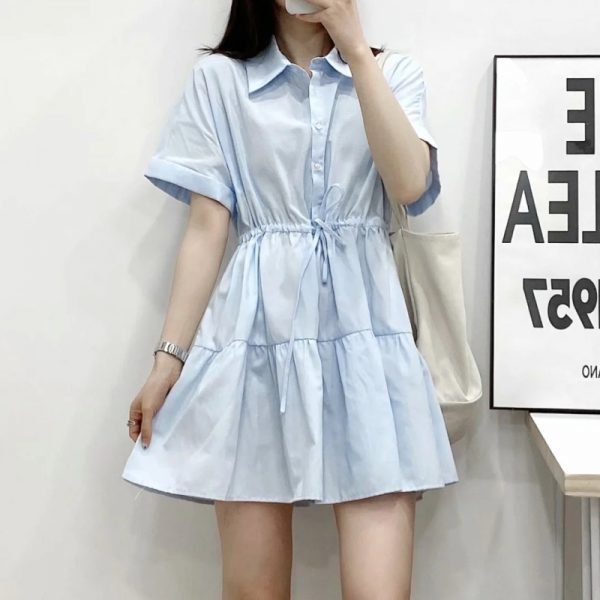 Summer Women Raglan Sleeve Waist Drawstring Mini Dress Female Turndown Collar Clothes Casual Lady Loose Vestido D7530