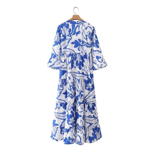 Hot Sale Women Elegant Print V Neck Tiered Ruffle Midi Dress Female Three Quarter Sleeve Clothes Lady Loose Vestido D8089