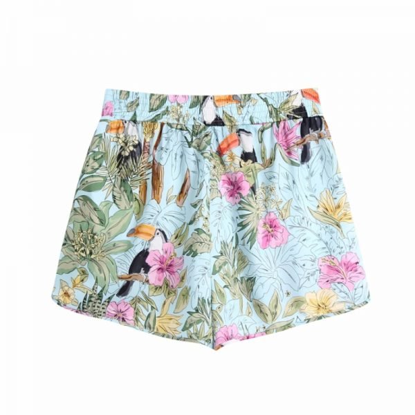 Summer Women Floral Bird Print Elastic Waist Shorts Casual Female Loose Clothes P2095