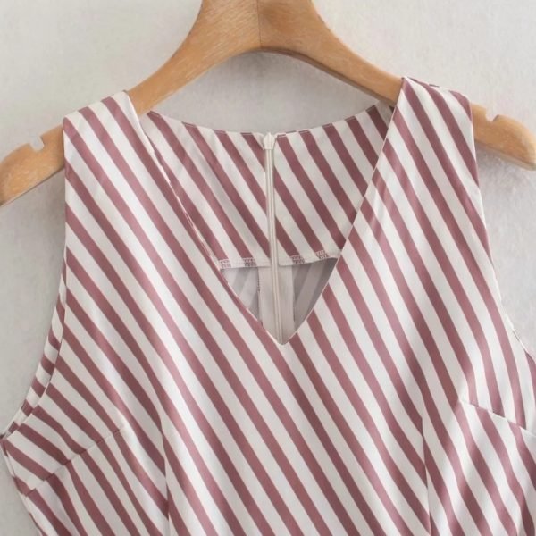 Summer Women Diagonal Striped V Neck Sashes Midi Vest Dress Female Sleeveless Clothes Casual Lady Loose Vestido D7863