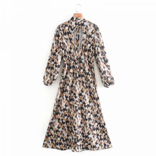 Women Digital Printing Back Hollow Decoration Midi Dress Female Stand Collar Bow Tie Long Sleeve Clothes Loose Vestido D6885