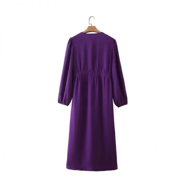 Hot Sale Women V Neck Bowknot Design Satin Midi Dress Female Lantern Sleeve Clothes Casual Lady Loose Vestido D8511