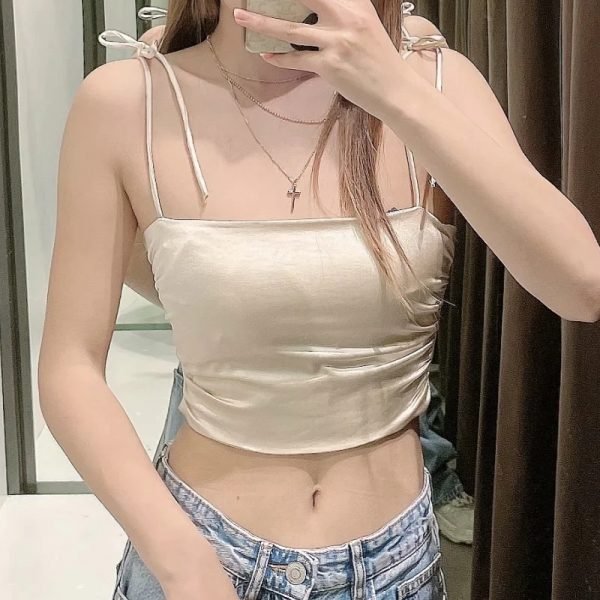 Summer Women Solid Satin Pleating Short Suspender Blouse Casual Female Sleeveless Slim Crop Tops T1519