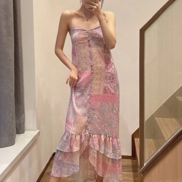 Summer Women Patchwork Print Chiffon Suspender Midi Dress Female Cascading Ruffle Hem Clothes Casual Lady Loose Vestido D7639