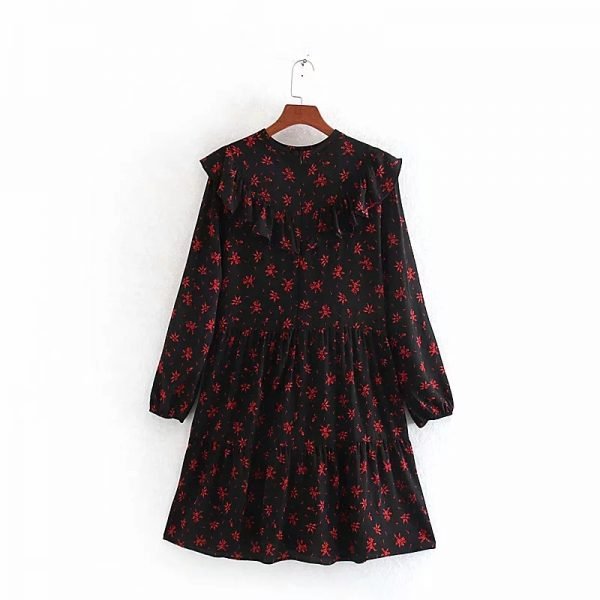 Vintage Flower Prints Cascading Ruffle Women Mini Dress Leisure Lady Long Sleeve Loose Dresses D3700