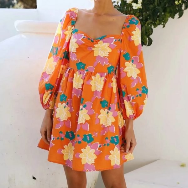 Hot Sale Women Floral Print Square Collar Mini Dress Female Lantern Sleeve Clothes Casual Lady Loose Vestido D8133