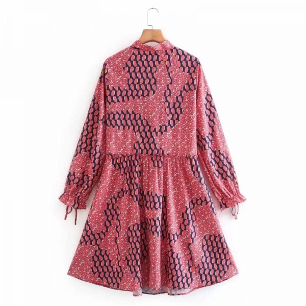 Women Patchwork Printing Stand Collar Bow Tie Midi Dress Female Long Sleeve Clothes Casual Lady Loose Vestido D6959