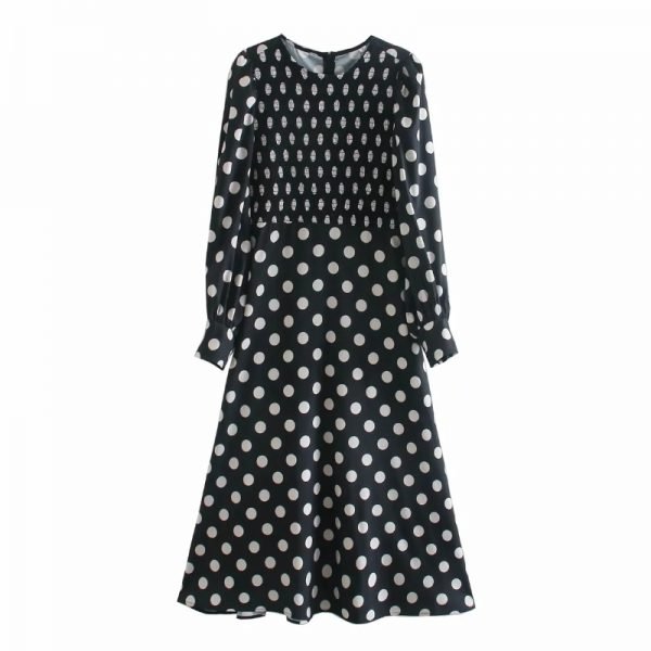 Women Dot Printing O Neck Elastic Midi A-Line Dress Casual Female Lantern Sleeve Clothes Lady Loose Vestido D6855