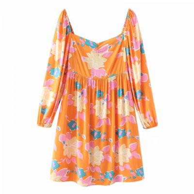 Hot Sale Women Floral Print Square Collar Mini Dress Female Lantern Sleeve Clothes Casual Lady Loose Vestido D8133