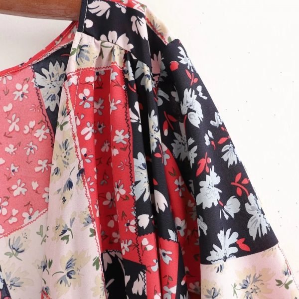 Summer Women Patchwork Print Cross V Neck Wrap Midi Dress Female Long Sleeve Clothes Casual Lady Loose Vestido D7739