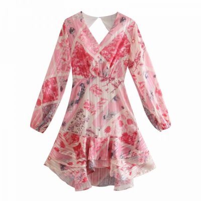 Hot Sale Women Patchwork Print Lace Up Bow Backless Mini Dress Female V Neck Long Sleeve Clothes Lady Loose Vestido D8098