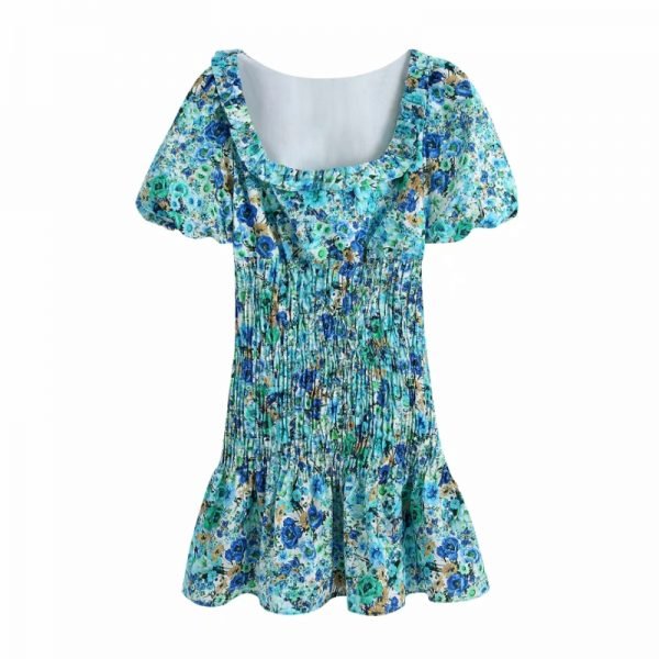 Summer Women Flower Printing Square Collar Ruched Mini Dress Female Puff Sleeve Clothes Casual Lady Loose Vestido D7677