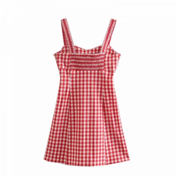 Summer Women Red Plaid Suspender Mini Dress Female Sleeveless Clothes Leisure Lady Slim Vestido D7982