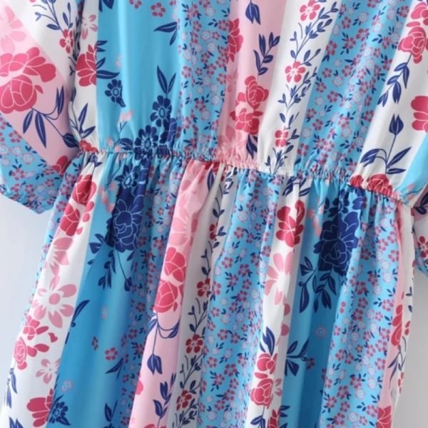 Summer Women Patchwork Printing Elastic Waist Mini Dress Female Batwing Sleeve Clothes Leisure Lady Loose Vestido D7923