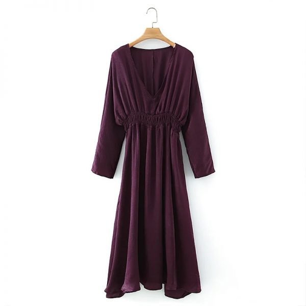 Women V Neck Long Sleeve Satin Midi Dress Female Elastic Waist Clothes Casual Lady Loose Vestido D6713