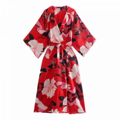 Hot Sale Women Flower Printing Sashes Red Midi Dress Female Three Quarter Sleeve Clothes Casual Lady Loose Vestido D8501