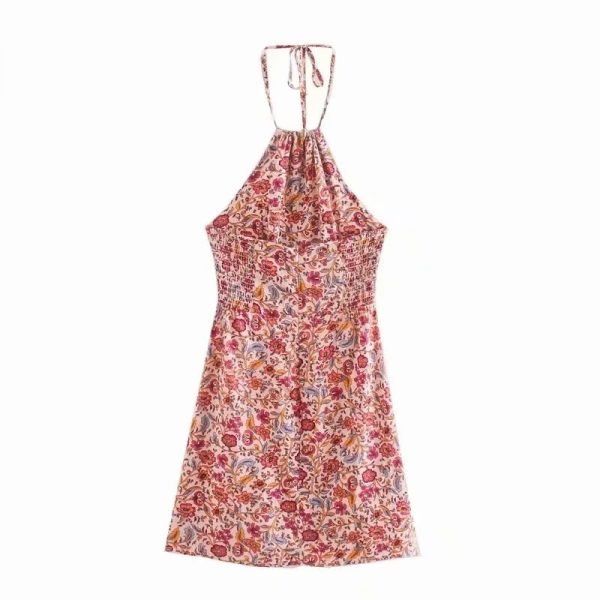 Summer Women Vintage Floral Print Halter Mini Dress Female Sleeveless Clothes Leisure Lady Slim Vestido D7961