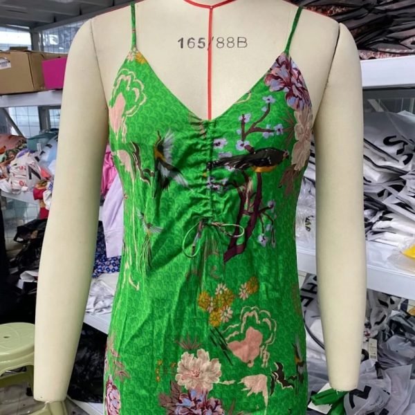 Hot Sale Women Bird Printing Green Suspender Mini Dress Female Drawstring Bowknot Clothes Casual Lady Loose Vestido D8203