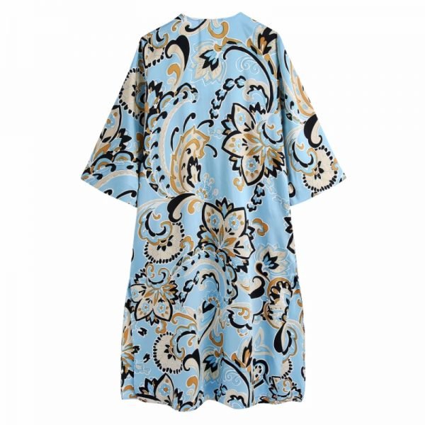 Hot Sale Women Flower Printing V Neck Side Slit Midi Dress Female Three Quarter Sleeve Clothes Casual Lady Loose Vestido D8382