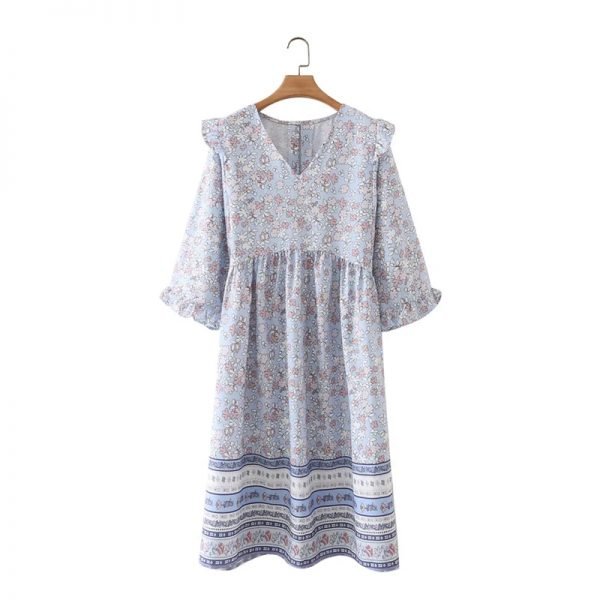 Hot Sale Women Placement Print V Neck Midi Dress Female Three Quarter Sleeve Clothes Casual Lady Loose Vestido D8193