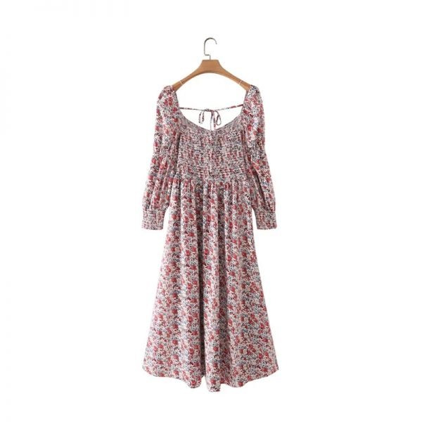 Hot Sale Women Flower Printing Side Slit Midi Dress Female Nine Quarter Sleeve Clothes Casual Lady Loose Vestido D8512