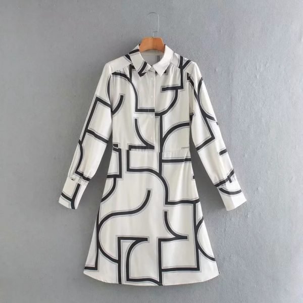 Summer Women Geometric Printing Mini Shirt Dress Female Long Sleeve Clothes Leisure Lady Loose Vestido D7909